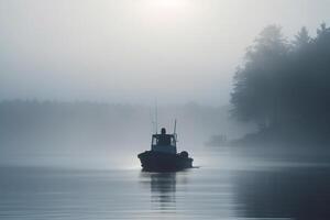 ochtend- de nevel Aan de oceaan een vissersboot Bij zonsopkomst ai gegenereerd foto