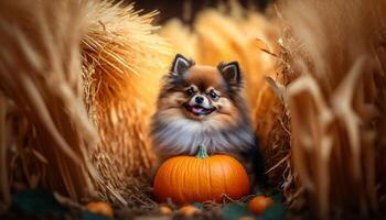 herfst viering aanbiddelijk pommeren hond tussen pompoenen en oogst decoraties ai gegenereerd foto