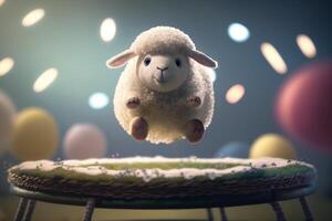 jumping voor vreugde schattig weinig schapen stuiteren Aan een trampoline ai gegenereerd foto