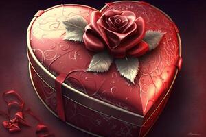 romantisch rood hartvormig doos met een rood roos Aan de deksel - Valentijnsdag dag kaart. ai gegenereerd foto