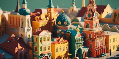 kleurrijk cartoon-stijl Russisch stad- met knus huizen en ui-vormig torens ai gegenereerd foto