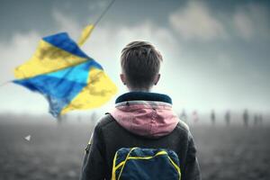 vliegend vrijheid een jongen vliegend een oekraïens vlag vlieger, symboliseert vrijheid en eenheid ai gegenereerd foto