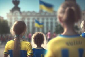 oekraïens vlaggen zwaaien kinderen Bij openbaar pleinen een symbool van vrijheid ai gegenereerd foto