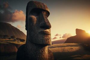 illustratie moai figuren Pasen eiland zonsondergang ai gegenereerd foto