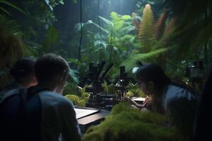 jong wetenschappers dirigeren Onderzoek in een groen oerwoud laboratorium temidden van weelderig gebladerte ai gegenereerd foto