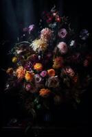 levendig boeket een schilderij van kleurrijk bloemen tegen een donker achtergrond ai gegenereerd foto