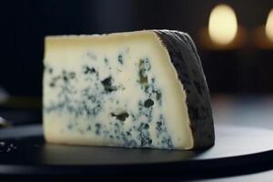 hartig Roquefort kaas tegen donker achtergrond, blauw kaas ai gegenereerd foto