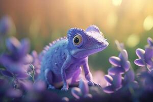 lavendel hagedis een fotorealistisch tekenfilm kameleon in een veld- van lavendel ai gegenereerd foto