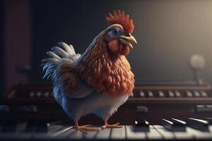 de musical kip een grappig kip spelen de piano ai gegenereerd foto