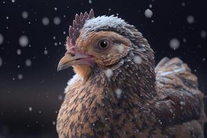 gevederde sneeuw ontdekkingsreiziger een kip in winter wonderland ai gegenereerd foto