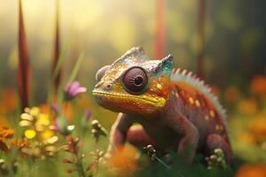 kleurrijk kameleon genieten van de bloem tuin landschap ai gegenereerd foto