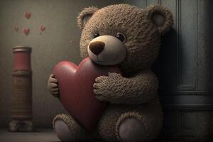 aanbiddelijk teddy beer Holding een hart in haar handen. hartverwarmend Valentijnsdag dag kaart. ai gegenereerd foto