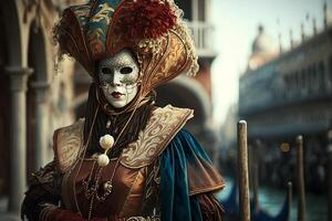 vieren carnaval in Venetië mensen in feestelijk maskers en kostuums ai gegenereerd foto