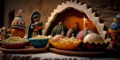 een Mexicaans Kerstmis nog steeds leven met bokeh ai gegenereerd foto