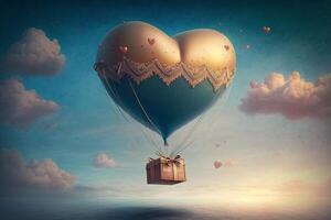 mooi rood lucht ballon hart vorm tegen blauw lucht. romantisch reis Aan Valentijnsdag dag. illustratie ai gegenereerd foto
