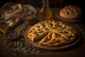 een plak van provence aromatisch fougasse brood met olijf- olie en kruiden ai gegenereerd foto