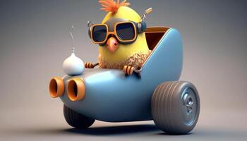 koel kip renner toeren omhoog in een afgestemd speelgoed- auto ai gegenereerd foto