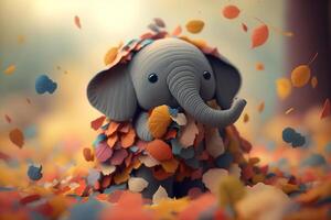 schattig weinig olifant schuilplaats in een stapel van herfst bladeren ai gegenereerd foto