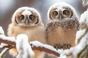 twee uilen gedekt met sneeuw zitten Aan een Afdeling ai gegenereerd foto