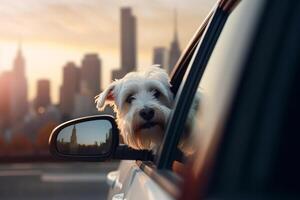 nieuwsgierig hond nemen in de stadsgezicht van auto venster ai gegenereerd foto