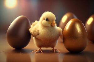 aanbiddelijk weinig kip kuikens met Pasen eieren in een mand ai gegenereerd foto
