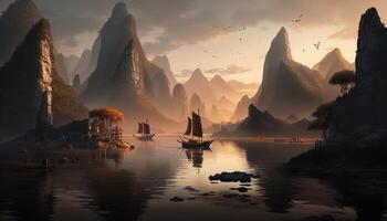 rivier- serenade majestueus Chinese landschap met zonsondergang gloed, boten, en bergen ai gegenereerd foto