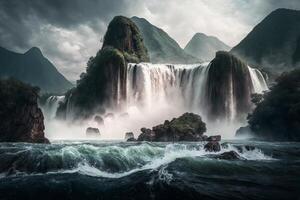 betoverd Chinese landschap majestueus bergen, trapsgewijs watervallen, en mystiek grotten ai gegenereerd foto