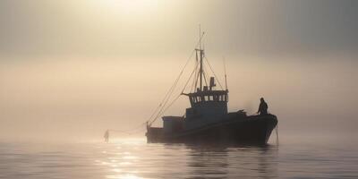 ochtend- de nevel Aan de oceaan een vissersboot Bij zonsopkomst ai gegenereerd foto