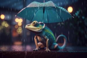 regenachtig dag kameleon een fotorealistisch tekenfilm karakter met een paraplu ai gegenereerd foto