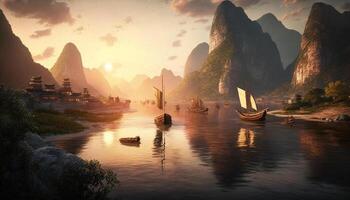 rivier- serenade majestueus Chinese landschap met zonsondergang gloed, boten, en bergen ai gegenereerd foto