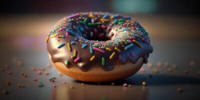 detailopname illustratie van single donut met bokeh achtergrond ai gegenereerd foto