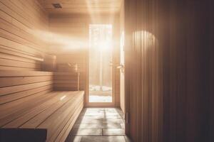 sereen sauna oase warm houten interieur badend in zonlicht ai gegenereerd foto