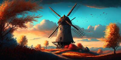 fantastisch traditioneel windmolen in herfst ai gegenereerd illustratie foto