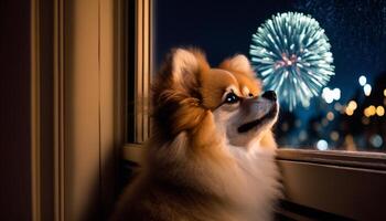 een schattig pommeren hond aan het kijken vuurwerk van een venster Aan nieuw jaar vooravond ai gegenereerd foto