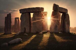 illustratie stonehenge met zonsondergang prehistorisch monument ai gegenereerd foto
