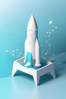 symbolisch 3d renderen van wit raket model- tegen blauw achtergrond voor opstarten concepten ai gegenereerd foto