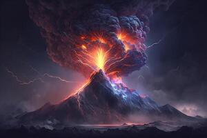 illustratie berg met vulkanisch uitbarsting wolken storm bliksem ai gegenereerd foto
