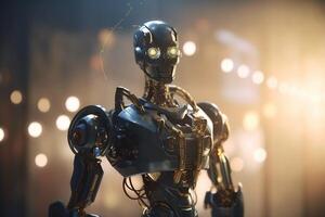 roestvrij staal futuristische strijd robot met humanoid lichaam ai gegenereerd foto