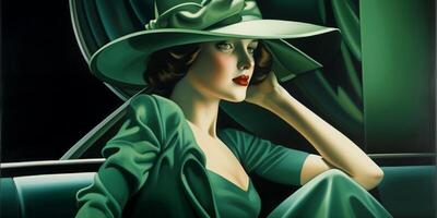 de kunst deco dame in groen een portret van een koel blond schoonheid van de Jaren 1920 ai gegenereerd foto