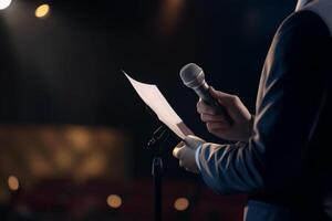 grondtoon spreker Aan podium met script en microfoon in helder spotlight Bij bedrijf conferentie ai gegenereerd foto