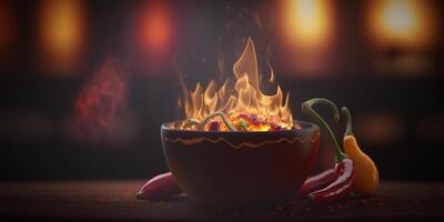 illustratie van kom van Chili met Chili pepers, vlammen en brand ai gegenereerd foto