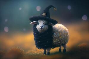 schattig weinig schapen gekleed net zo een heks voor halloween in een vallen veld- ai gegenereerd foto