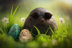 illustratie van grappig mol met Pasen ei Aan een groen weide ai gegenereerd inhoud foto