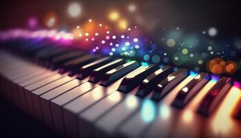 bokeh lichten en wazig kleuren Aan detailopname piano sleutels ai gegenereerd foto