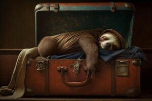 gelukkig en moe luiaard slaapt in een reizen geval leer koffer en reist naar een droom wereld ai gegenereerd foto