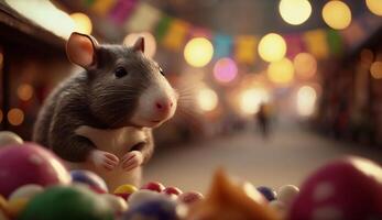 zoet dief een grappig Rat in een snoep winkel ai gegenereerd foto