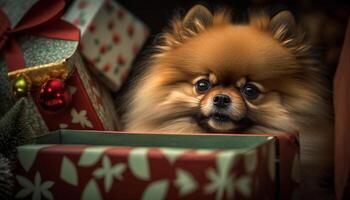 pommeren pup genesteld temidden van een overvloed van Kerstmis presenteert ai gegenereerd foto