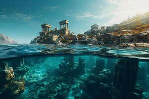 de mystiek gezonken stad een half onder water visie van Atlantis in kristal blauw wateren ai gegenereerd foto