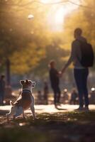 hoektand speeltijd hond en eigenaar achtervolgen bal in de park ai gegenereerd foto