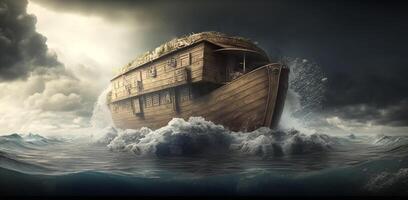 illustratie van die van noah ark Aan de stormachtig zee ai gegenereerd inhoud foto